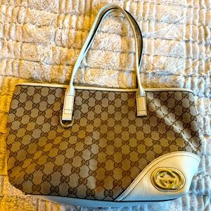 Gucci made in Italy canvas Logo Satchel bag tan & white trim leather $800